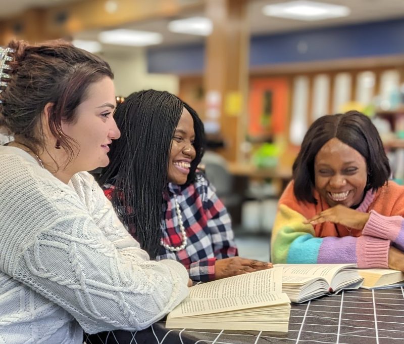 Students in a library.